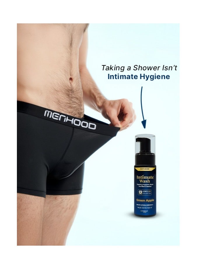 MENHOOD Intimate Wash for Men 150 ML| Tea Tree Oil Essential Neem Oil | Men Genital Wash |Mens Ball Hygiene |Anti-Fungal Foaming Wash | PH Balanced |Skin Brightening | Long- Lasting Freshness (Green Apple) - Image 5